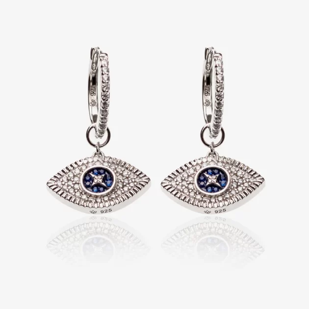 Evil Eye Silver Charm Hoop Earrings With Diamonds